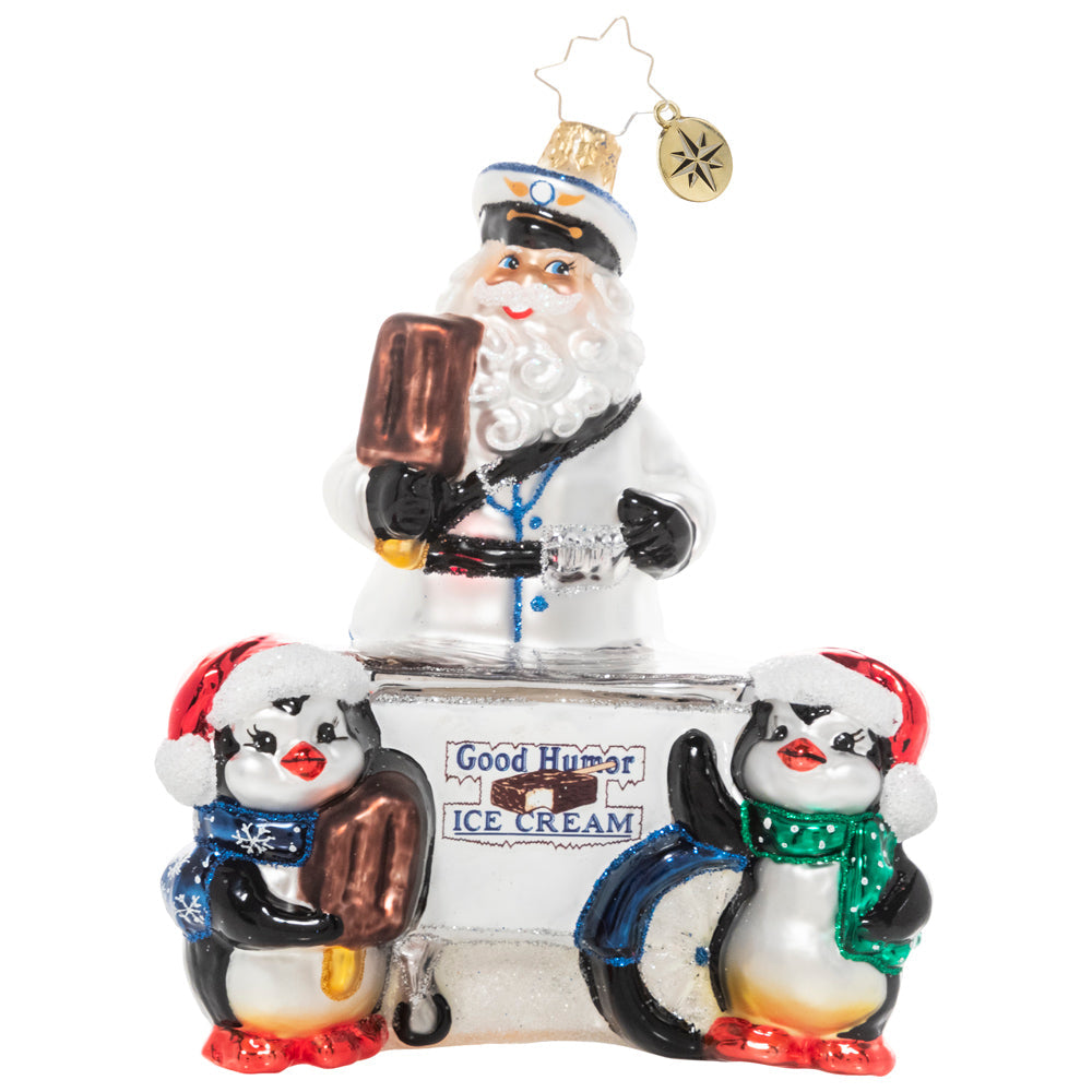 Ornaments Description - Good Humor® Ice Cream Dreams: What a guy! Santa takes a break from his Christmas duties to serve up some delicious Good Humor frozen treats to his penguin friends. They show us that there's no such thing as too cold for ice cream-- even at the North Pole!