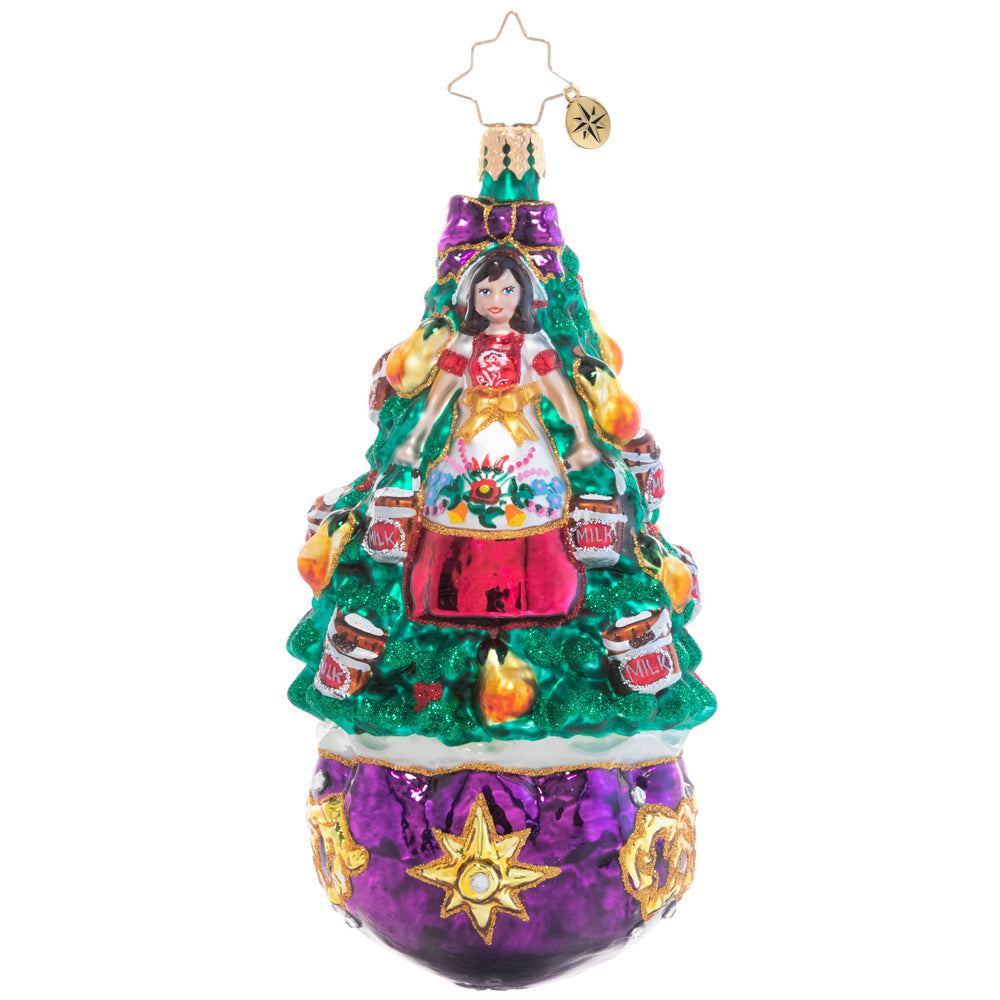 Front - Ornament Description - Eight Maids-A-Milking: On the eighth day of Christmas, my true love gave to me…a very merry milk maid! She's been working octuple-time to keep up with her duties!