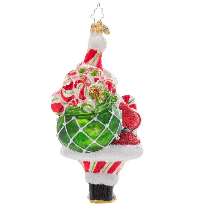 Back - Ornament Description - Peppy Mint Santa: Santa's got a whole lot of pep(permint!) in his step these days. Outfitted in head to toe candy-cane red, white, and green he's dressed the part to hand out delicious Christmas candies to every good girl and boy!