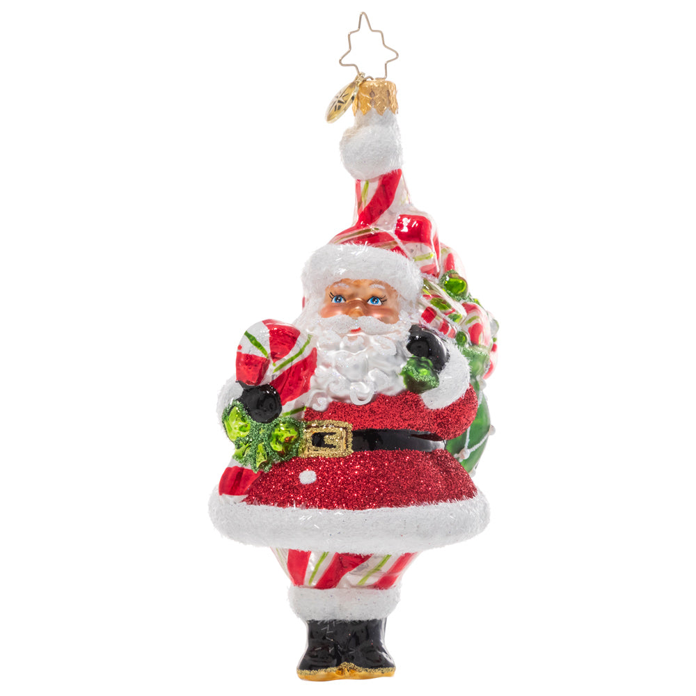 Front - Ornament Description - Peppy Mint Santa: Santa's got a whole lot of pep(permint!) in his step these days. Outfitted in head to toe candy-cane red, white, and green he's dressed the part to hand out delicious Christmas candies to every good girl and boy!