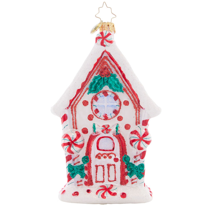 Back - Ornament Description - Candy Cane Chalet: Welcome to Candy Cane Lane! This sweet chalet is a treat to behold, with pepperments and polkadots all over the façade.