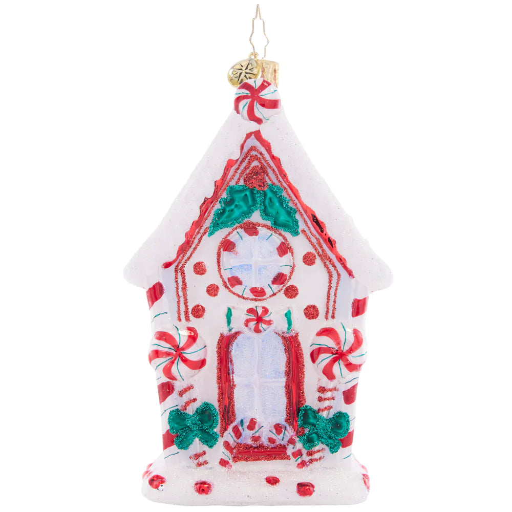 Front - Ornament Description - Candy Cane Chalet: Welcome to Candy Cane Lane! This sweet chalet is a treat to behold, with pepperments and polkadots all over the façade.