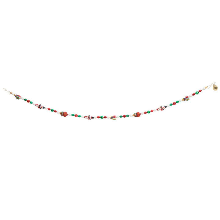 Garland/Trim Description - Classic Christmas Garland: A strand of glass beads in classic holiday colors and shapes makes the season bright. Santa, his sack of gifts and cheery red, green and white beads shine together for a nostalgic effect. This photo shows how the garland may hang as one strand.