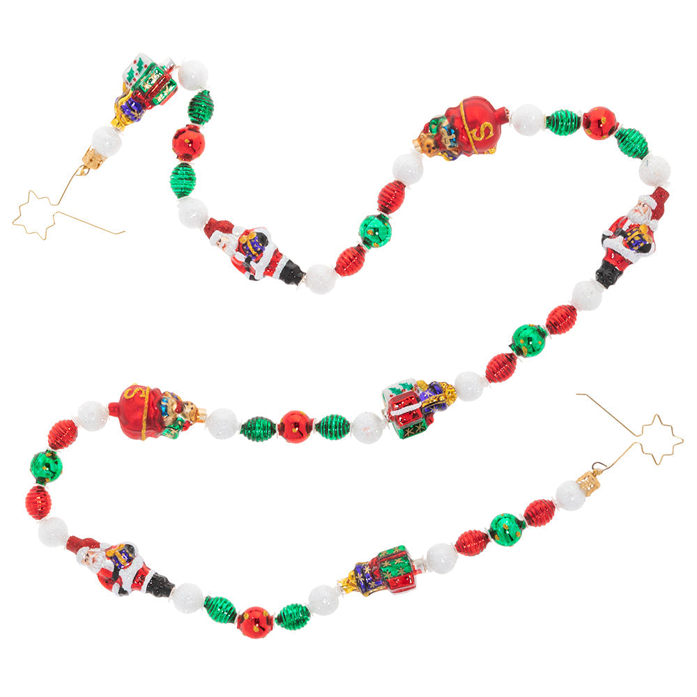 Garland/Trim Description - Classic Christmas Garland: A strand of glass beads in classic holiday colors and shapes makes the season bright. Santa, his sack of gifts and cheery red, green and white beads shine together for a nostalgic effect.