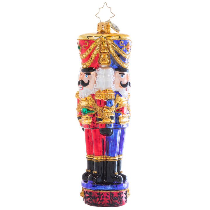 Back - Ornament Description - Three Nutty Knights: Three heads are better than one! Hang up this trusty trio of nutcracker soldiers and relax knowing you'll have not one, not two, but three pairs of watchful eyes over your tree, primed to defend it from any Rat King intruders!
