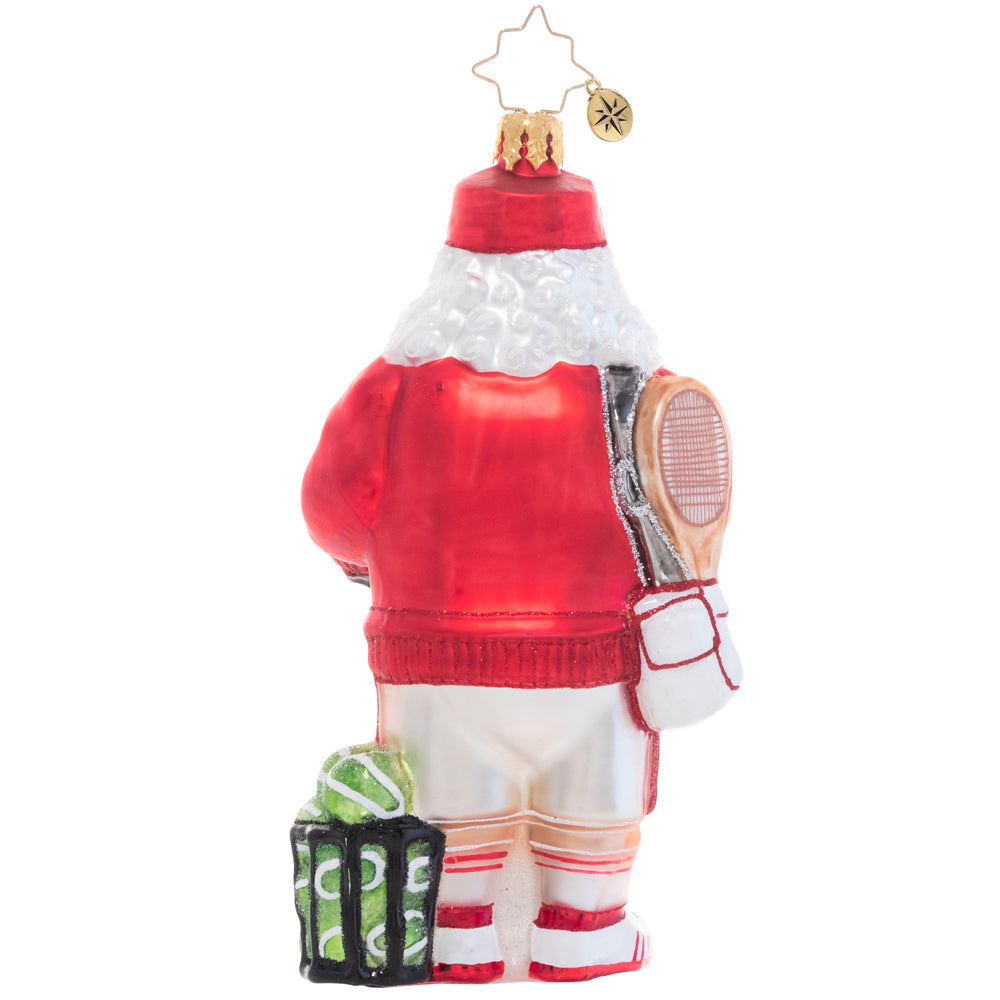 Back - Ornament Description - Tennis Ace Santa: Game, set, match! Santa grabs his gear and preps to warm up for the big North Pole tennis tournament. Go Santa!