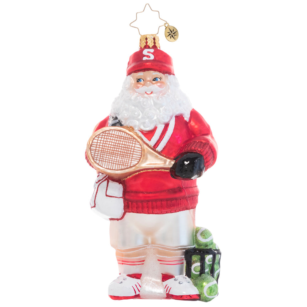 Front - Ornament Description - Tennis Ace Santa: Game, set, match! Santa grabs his gear and preps to warm up for the big North Pole tennis tournament. Go Santa!