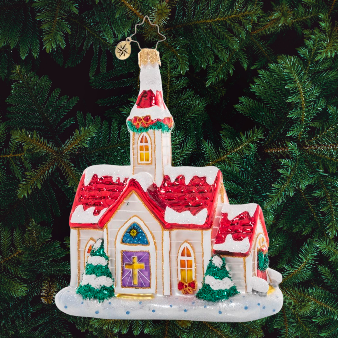 Ornament Description - Enchanting Country Chapel: All are welcome here! Decorated and dusted with snow, remember the reason for the season with this inviting small town chapel ornament. 