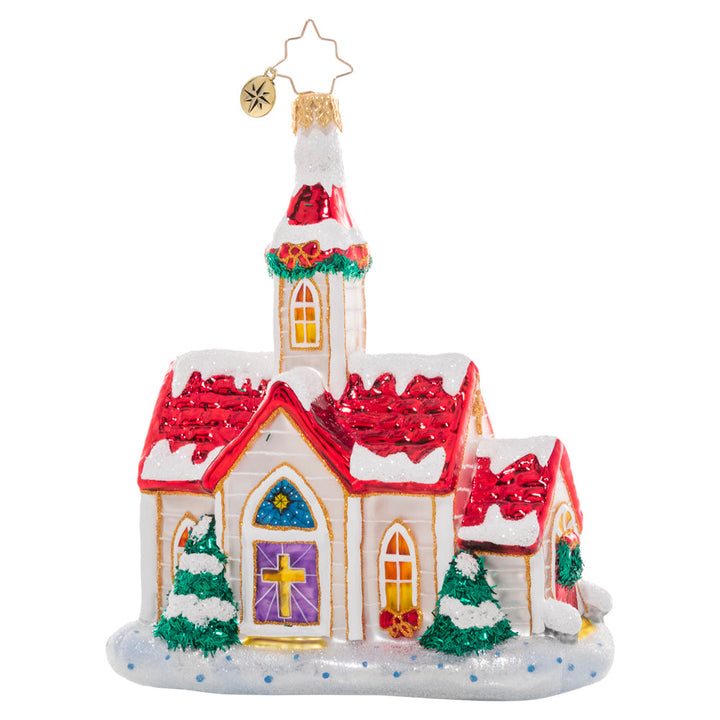 Front - Ornament Description - Enchanting Country Chapel: All are welcome here! Decorated and dusted with snow, remember the reason for the season with this inviting small town chapel ornament. 