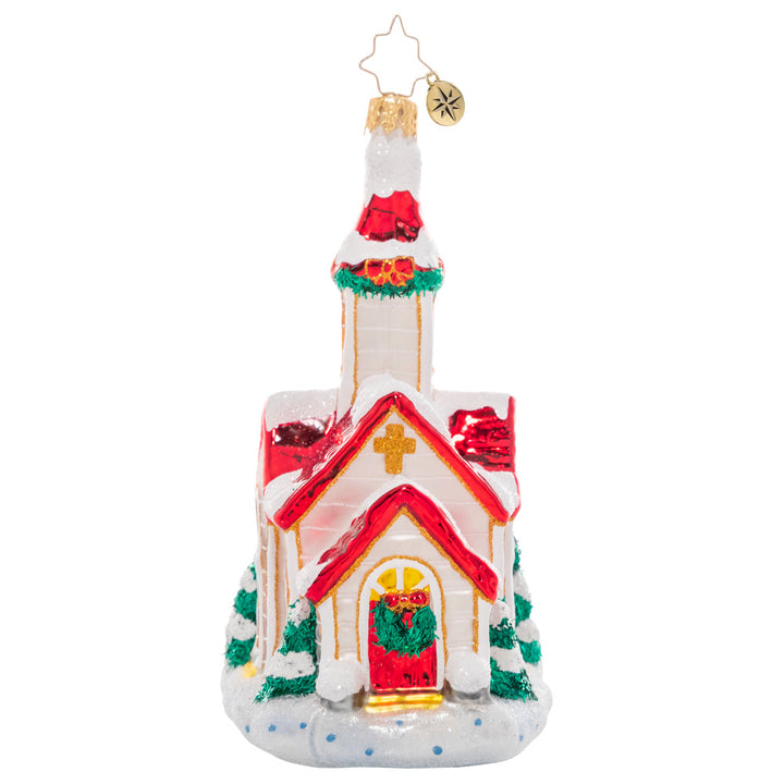 Side - Ornament Description - Enchanting Country Chapel: All are welcome here! Decorated and dusted with snow, remember the reason for the season with this inviting small town chapel ornament. 