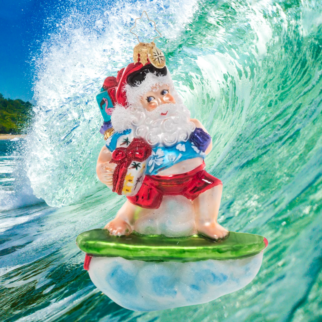Ornament Description - Surf's Up Santa: Cowabunga, dude! Santa hangs ten and surfs to shore to make sure all the beach babies out there get their presents too!