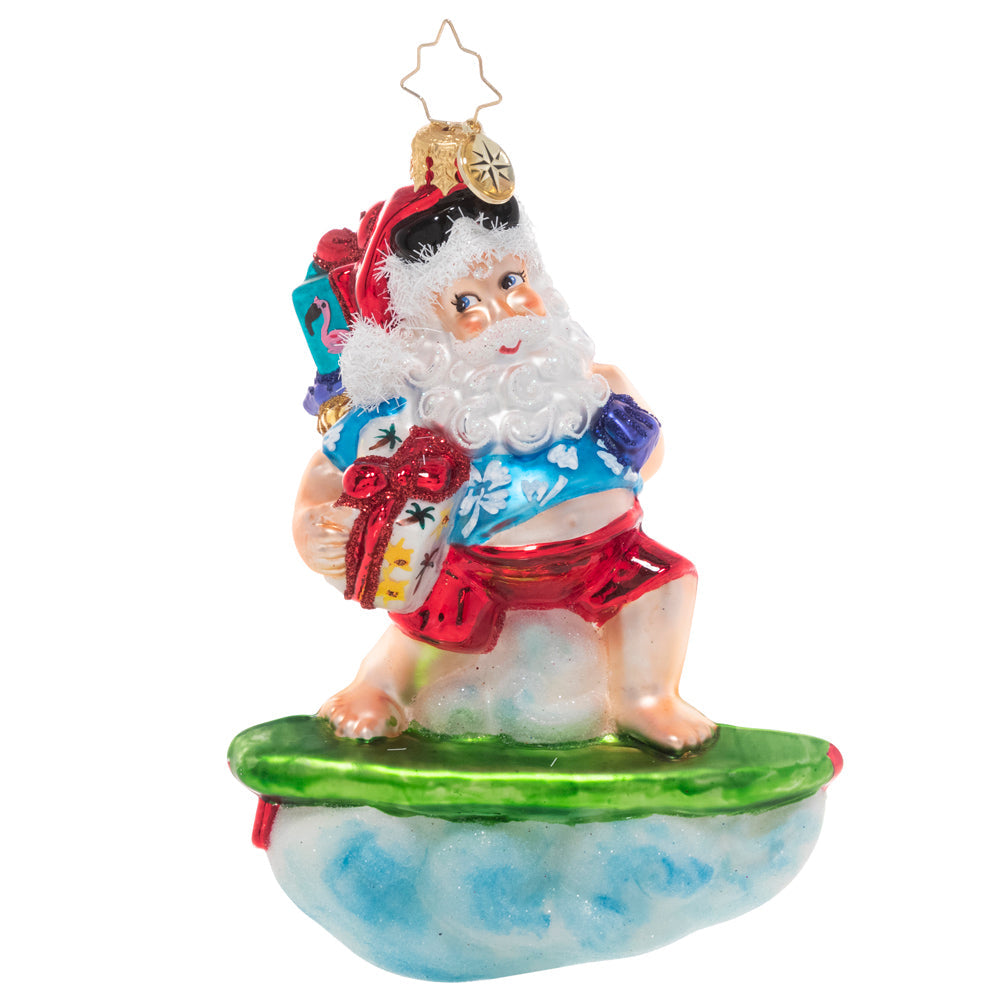 Front - Ornament Description - Surf's Up Santa: Cowabunga, dude! Santa hangs ten and surfs to shore to make sure all the beach babies out there get their presents too!