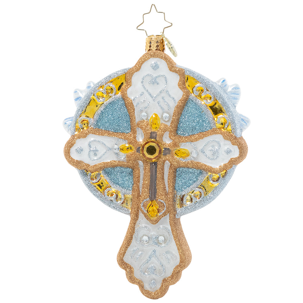Back - Ornament Description - Golden Cross of Peace: Peace on earth and mercy mild – keep the true spirit of Christmas alive with this delicate cross-shaped ornament.