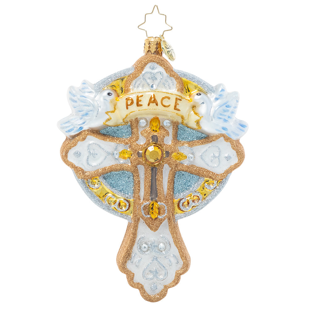 Front - Ornament Description - Golden Cross of Peace: Peace on earth and mercy mild – keep the true spirit of Christmas alive with this delicate cross-shaped ornament.