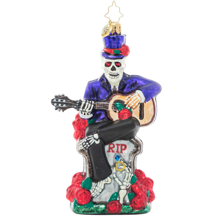 Front - Ornament Description - Love Everlasting: Proof that romance isn't dead…it's undead. A spooky skeleton serenades his beloved beyond with a haunting love song surrounded by blood red roses.