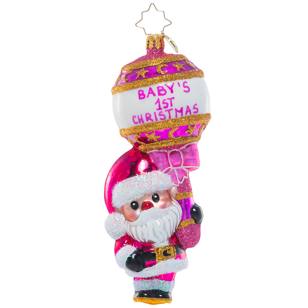 Front - Ornament Description - First Christmas Rattle: Pretty in Pink: It's a girl! Celebrate baby's first Christmas with this special Santa keepsake ornament.