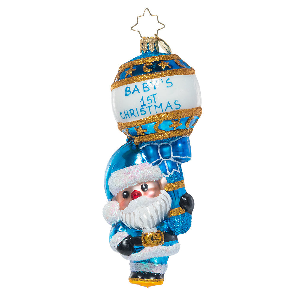 Front - Ornament Description - First Christmas Rattle: Baby Blue: It's a boy! Commemorate baby's first Christmas with this sweet Santa keepsake.