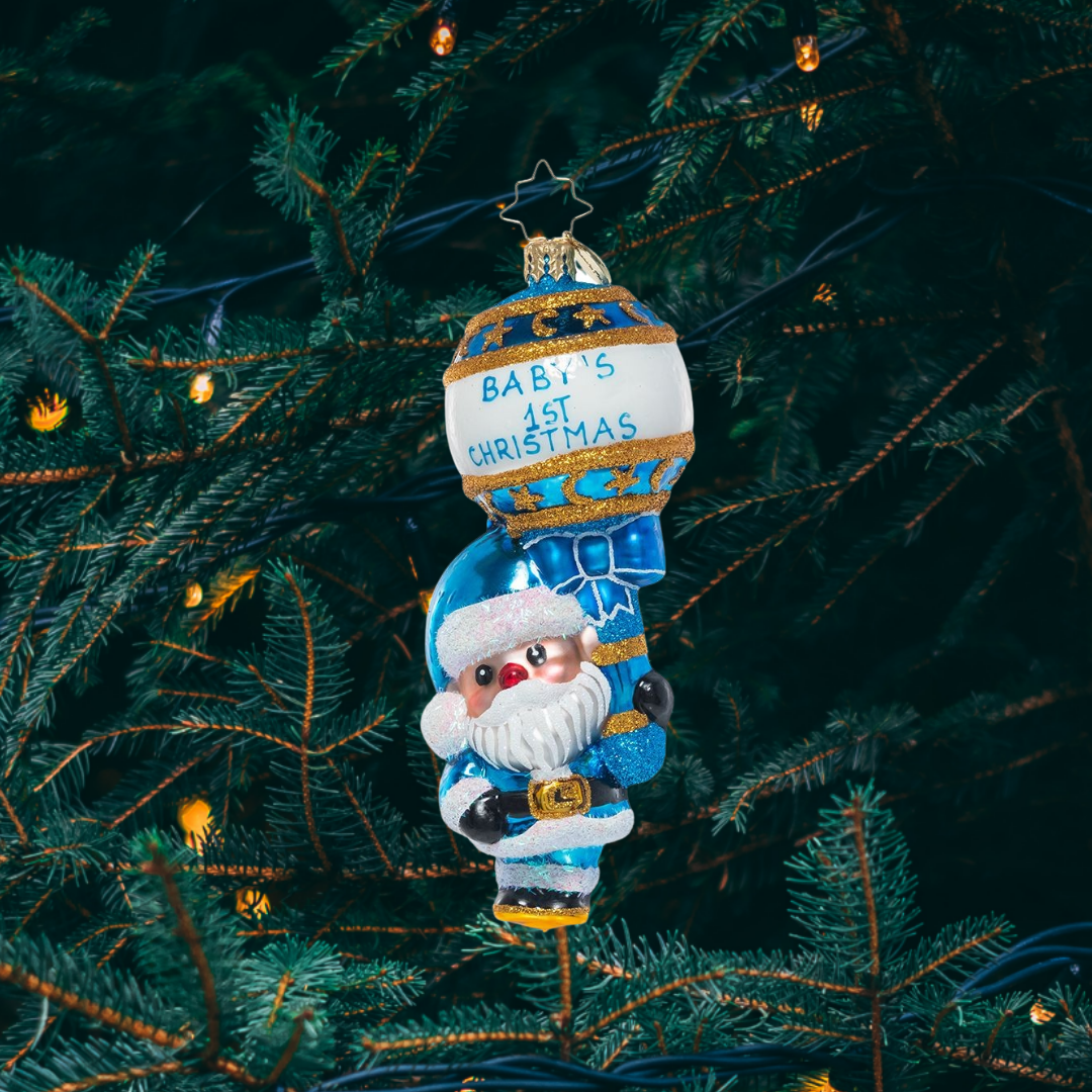 Ornament Description - First Christmas Rattle: Baby Blue: It's a boy! Commemorate baby's first Christmas with this sweet Santa keepsake.