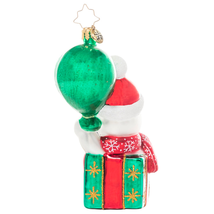 Back - Ornament Description - Baby Bear's 1st Christmas: This baby bear is peeking out of a gift box, ready to share a cheerful message – Happy 1st Christmas to the new arrival in your life!
