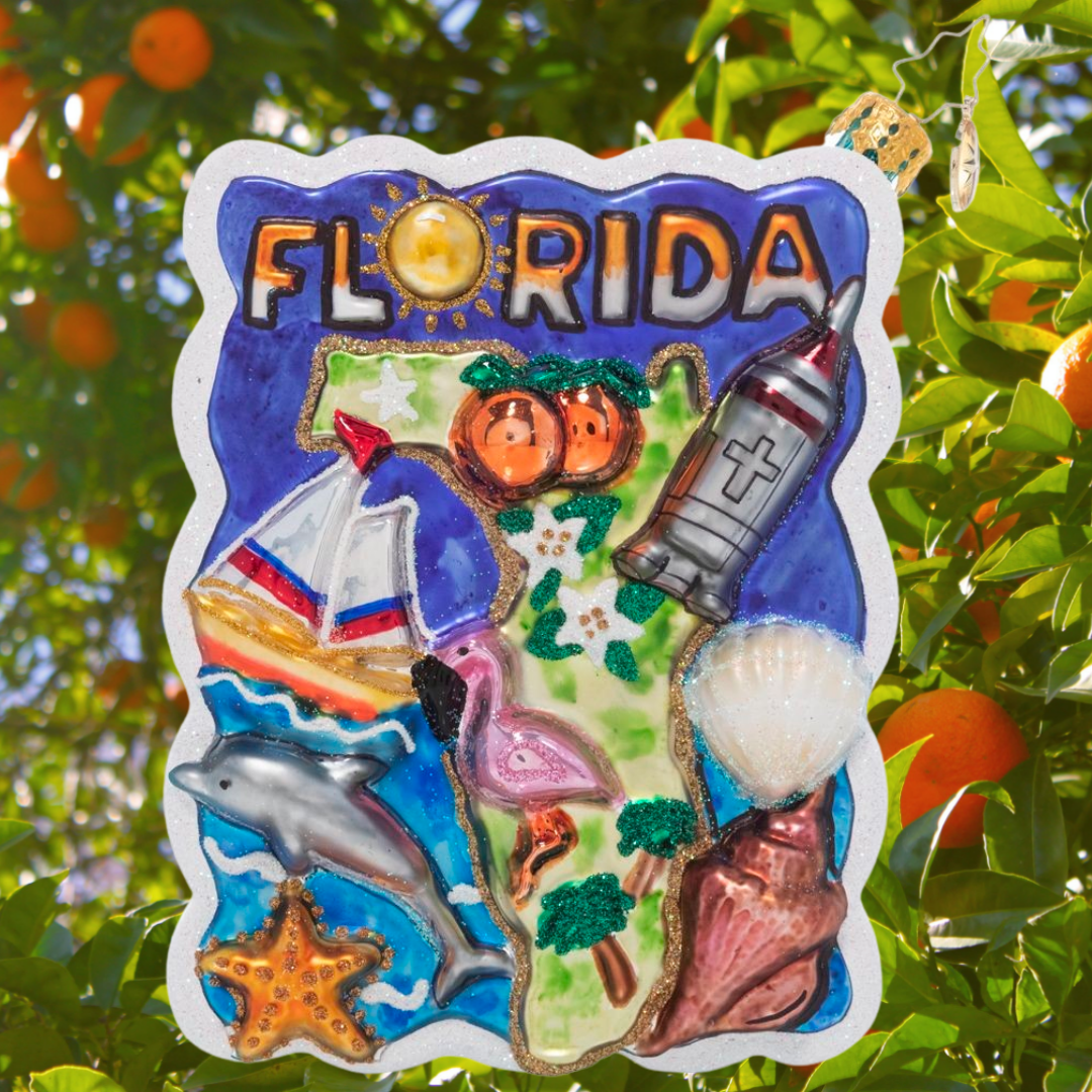 Ornament Description - Greetings From Florida: Ah, Florida…wish you were here! Remember fun times in the sunshine state with this vibrant and whimsical postcard ornament.