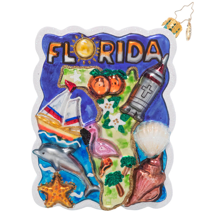 Front - Ornament Description - Greetings From Florida: Ah, Florida…wish you were here! Remember fun times in the sunshine state with this vibrant and whimsical postcard ornament.