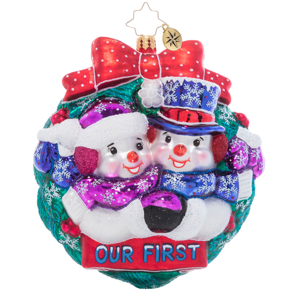Front - Ornament Description - Snowy First Christmas: Love – and snowflakes! – are in the air! Commemorate your first holiday season together with this adorable snow couple in love.