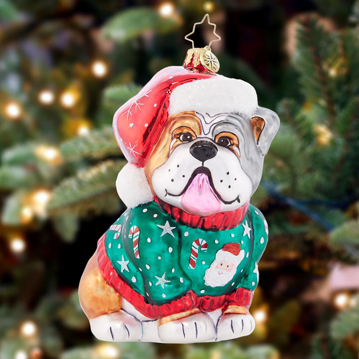 Ornament Description - Man's Best Friend!: In a charming chunky Christmas sweater, this bulldog buddy is ready to celebrate the holidays with his human best friends!