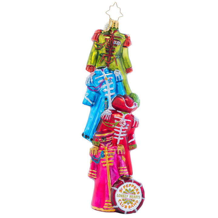 Ornament Description - SGT Pepper Suited Up:Are you even a band if your outfits don't match? The Fab Four took coordination seriously, even when suiting up for battle against the Blue Meanies in Pepperland! Between their sharp style and groovy tunes, the opposition doesn't stand a chance.
