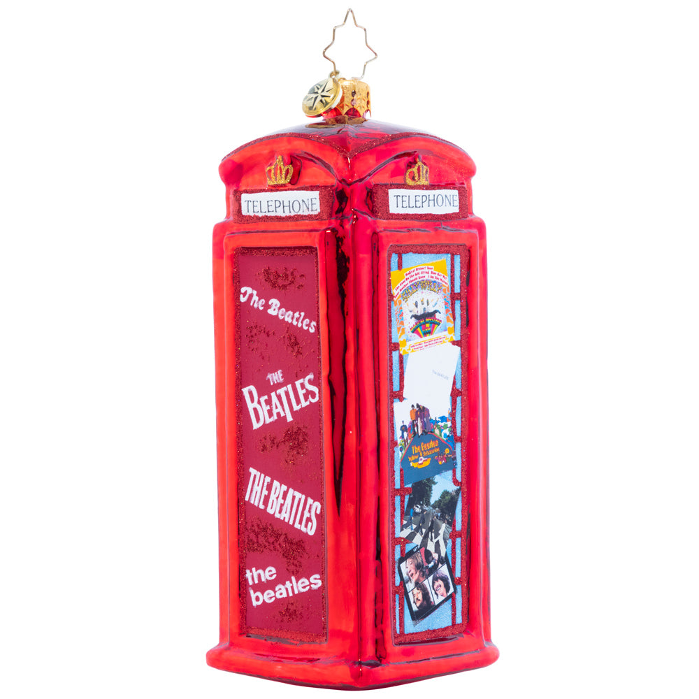 Back - Ornament Description - Ringing With Records: Ring Ring! Pick up this classic London phone booth plastered with Beatles album art and add some retro flair to your tree.