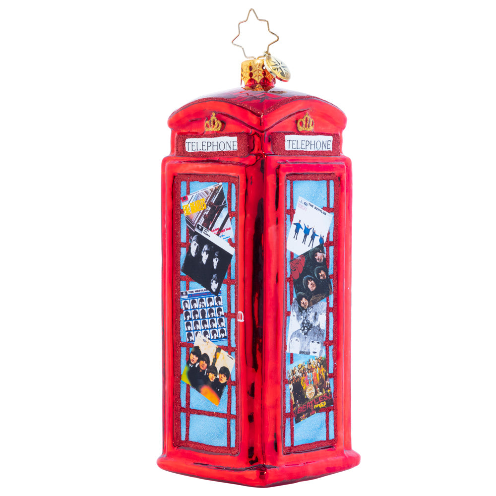 Ornament Description - Ringing With Records: Ring Ring! Pick up this classic London phone booth plastered with Beatles album art and add some retro flair to your tree.