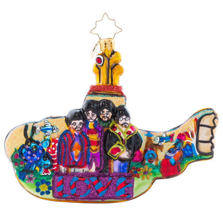 Back - Ornament Description - All Aboard Submarine: They all live in a Yellow Submarine! The Fab Four gather 'round to make beautiful music together inside their underwater escape.