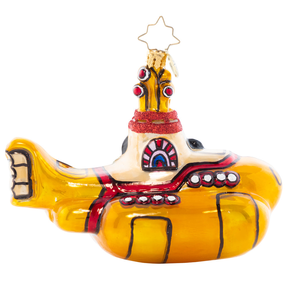 Ornament Description - All Aboard Submarine: They all live in a Yellow Submarine! The Fab Four gather 'round to make beautiful music together inside their underwater escape.