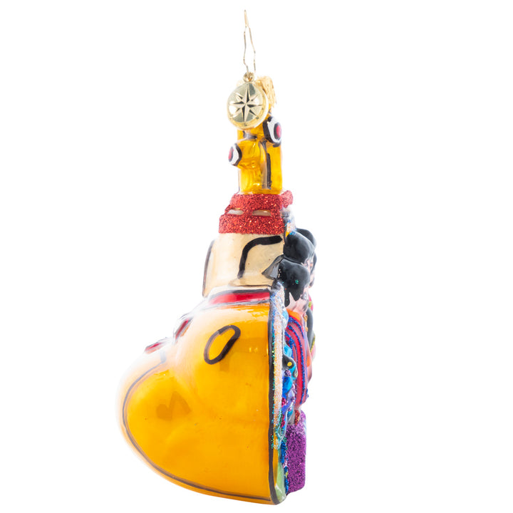 Side View - Ornament Description - All Aboard Submarine: They all live in a Yellow Submarine! The Fab Four gather 'round to make beautiful music together inside their underwater escape.