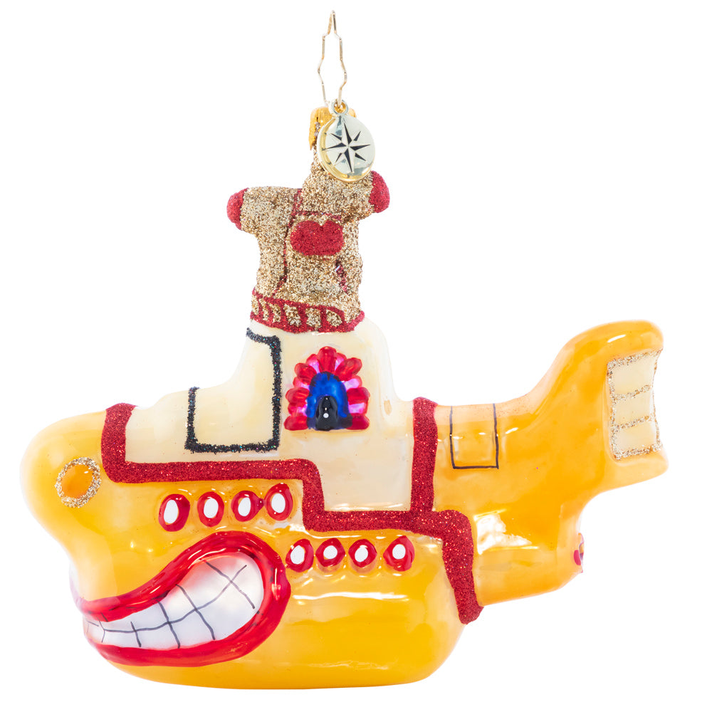 Ornament Description - All Smiles Sub: It may be yellow, but it's anything but mellow! The trusty sub of music's favorite foursome is all shined up and ready for a groovy mission to Pepperland; it's the perfect conversation starter for any Beatles fan's ornament collection.