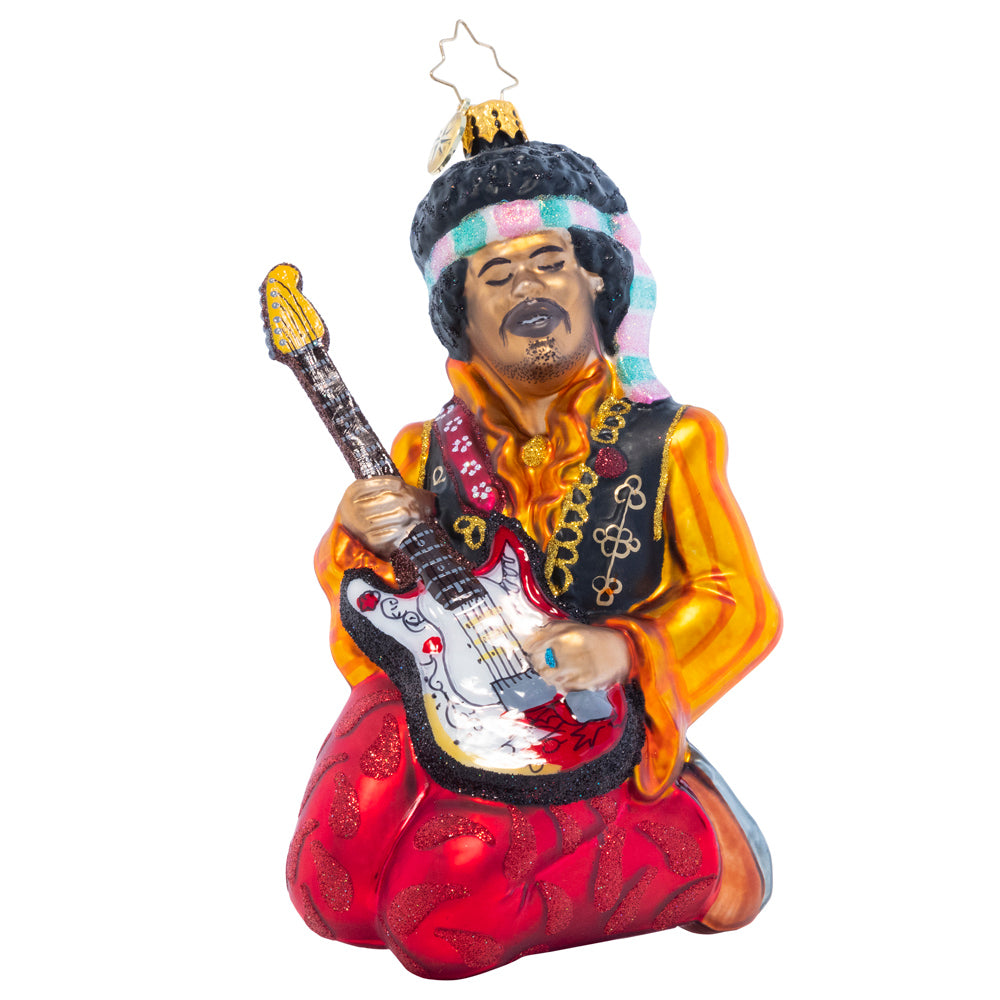 Ornament Description - Jimi Hendrix™ Solo: Far out! Pay tribute to the godfather of psychedelic rock n' roll with this piece that captures Jimi Hendrix in one of his iconic guitar solos. You can practically hear "Purple Haze"!