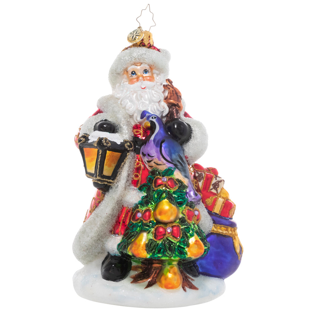 Front - Ornament Description - Santa's Pear Tree: The premier piece in our Ornament of the Month collection, this elegant ornament features a traditional Santa Claus presiding over a golden pear tree topped with a colorful partridge bird.