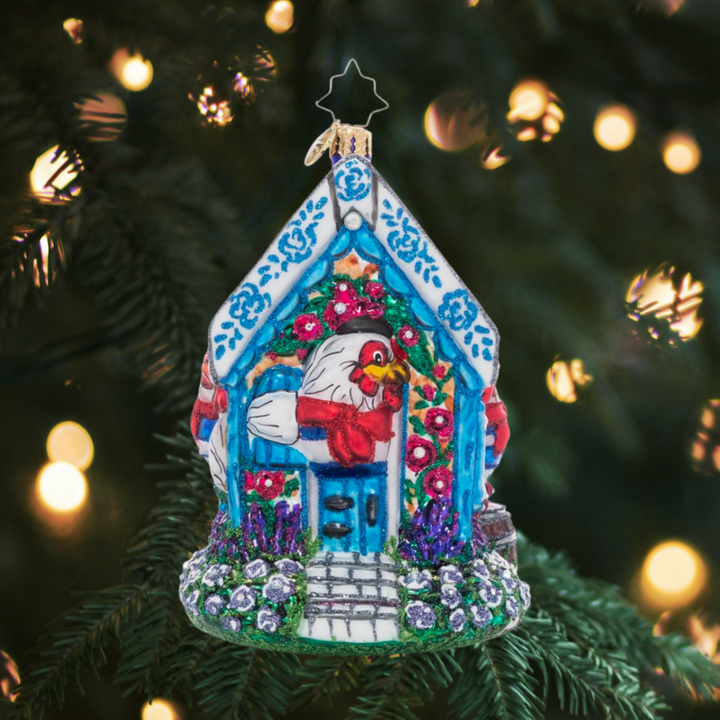 Ornament Description - Henhouse Holidays: On the third day of Christmas, my true love gave to me...The third piece in our Ornament of the Month collection! Featuring a trio of French feathered friends who are right at home in their cozy henhouse, this ornament helps bring the traditional Christmas carol to life!