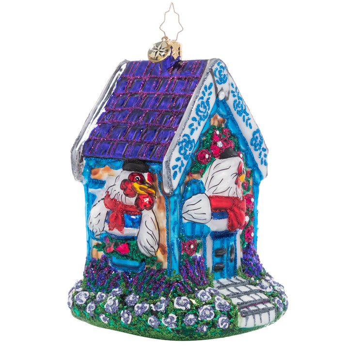Side - Ornament Description - Henhouse Holidays: On the third day of Christmas, my true love gave to me...The third piece in our Ornament of the Month collection! Featuring a trio of French feathered friends who are right at home in their cozy henhouse, this ornament helps bring the traditional Christmas carol to life!