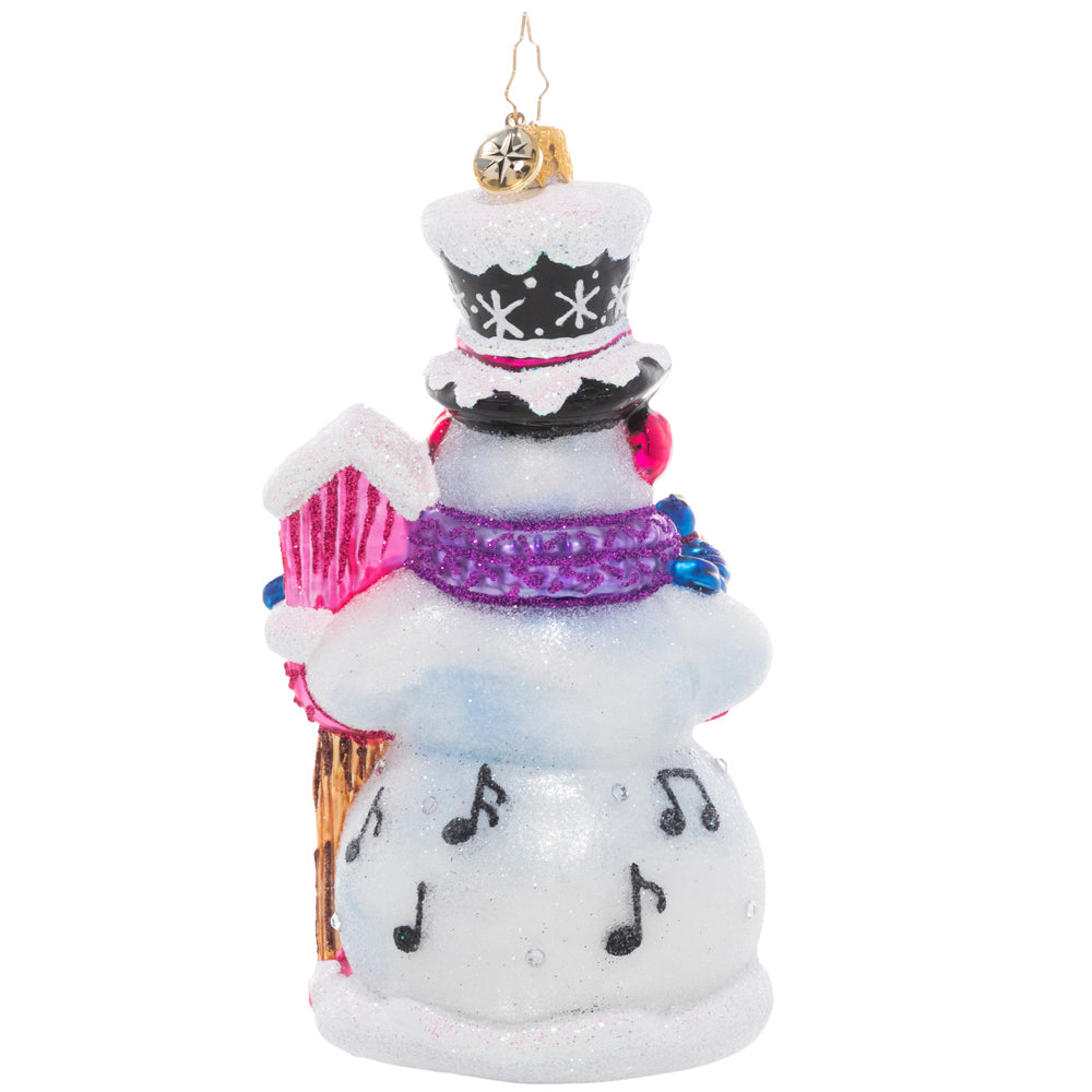 Back - Ornament Description - Christmas Birdsong: The fourth piece in our Ornament of the Month collection celebrates the fourth day of Christmas. Cheerful calling birds surround our smiling snowman friend in sweet birdsong on a snowy winter morning. The best way to start the day!