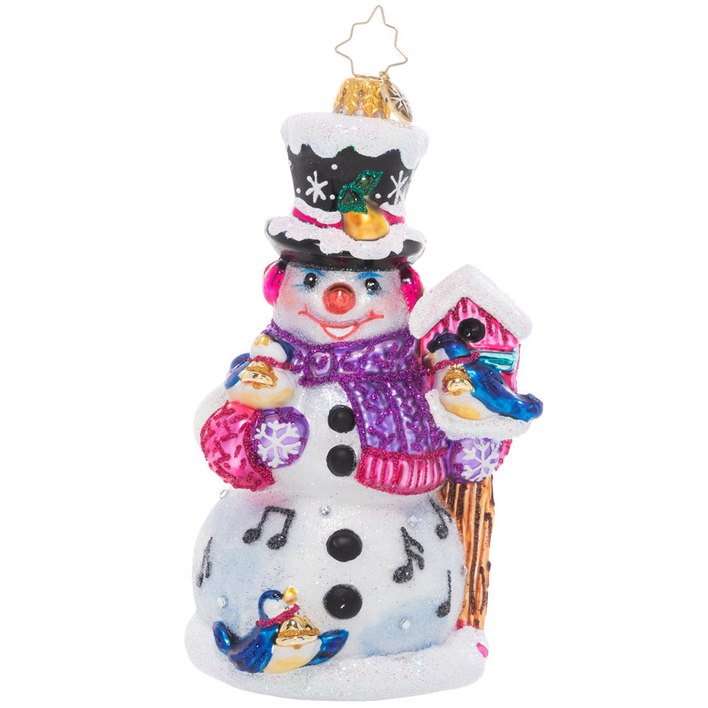 Front - Ornament Description - Christmas Birdsong: The fourth piece in our Ornament of the Month collection celebrates the fourth day of Christmas. Cheerful calling birds surround our smiling snowman friend in sweet birdsong on a snowy winter morning. The best way to start the day!