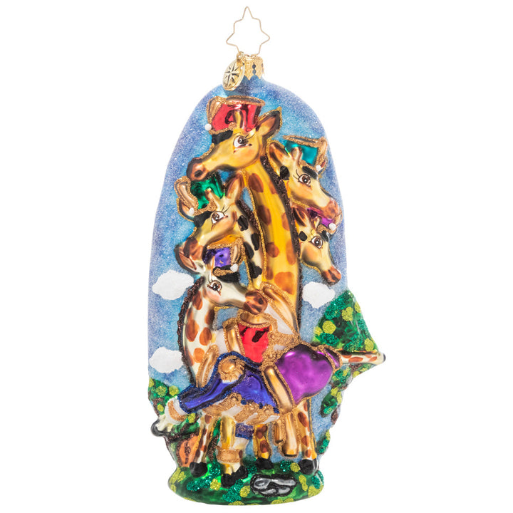 Back - Ornament Description - Leage of Lords: Part of our Ornament of the Month series, this collectible piece showcases our "wild" take on the 10th day of Christmas and its Ten Lords A-Leaping. You can't help but smile back at the ten leggy giraffes grinning from both sides of this ornament!