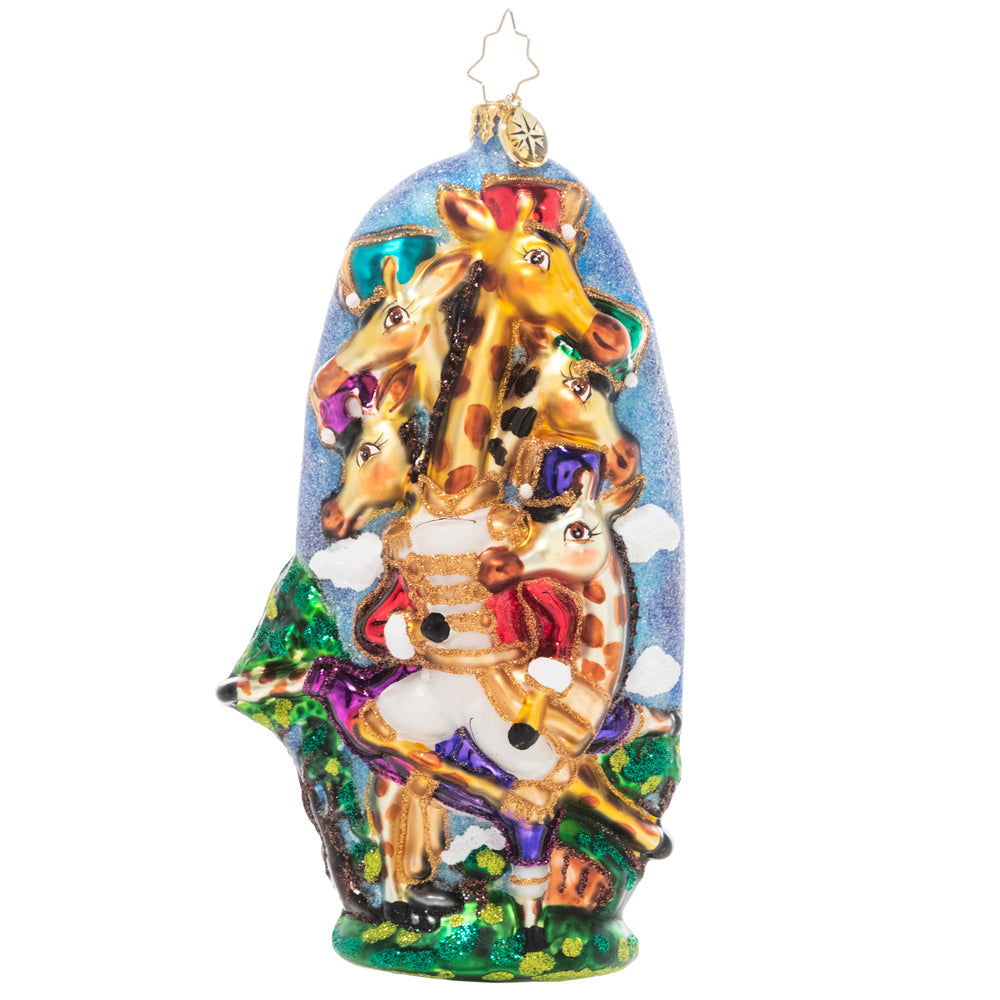 Front - Ornament Description - Leage of Lords: Part of our Ornament of the Month series, this collectible piece showcases our "wild" take on the 10th day of Christmas and its Ten Lords A-Leaping. You can't help but smile back at the ten leggy giraffes grinning from both sides of this ornament!