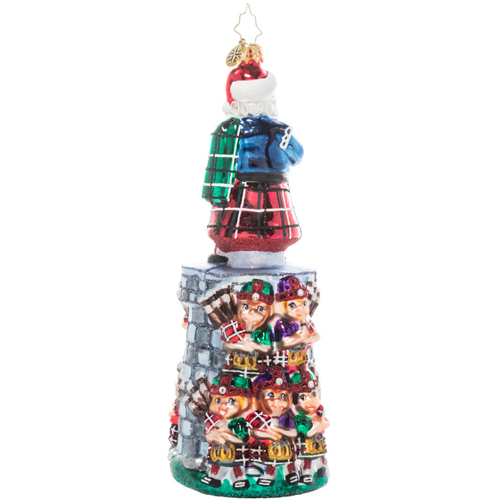 Back - Ornament Description - Piper Posse: The penultimate addition to our Ornament of the Month series, this piece celebrates the 11th day of Christmas. You can practically hear the music coming from this team of tiny bagpipers led by their eleventh member and Christmas king himself, Santa Claus!