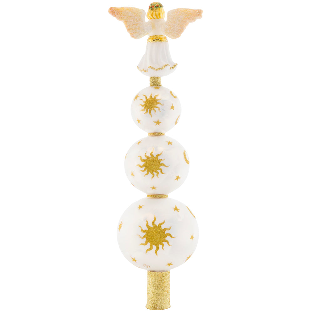 Back - Finial Description - Heavenly Finial: With a glorious angel atop golden reflector rounds, this unique finial points to the Heavens and celebrates the true meaning of Christmas. Top your tree with this traditional yet stunning piece.