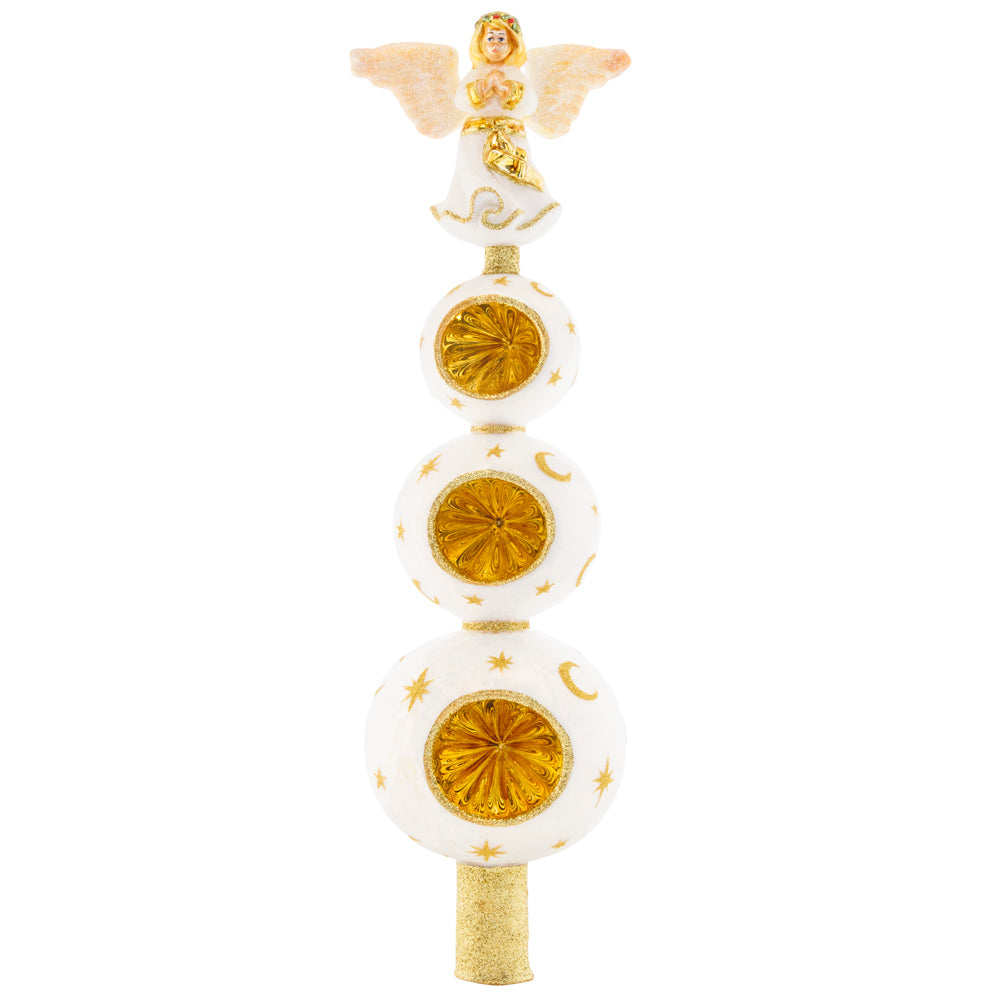 Front - Finial Description - Heavenly Finial: With a glorious angel atop golden reflector rounds, this unique finial points to the Heavens and celebrates the true meaning of Christmas. Top your tree with this traditional yet stunning piece.
