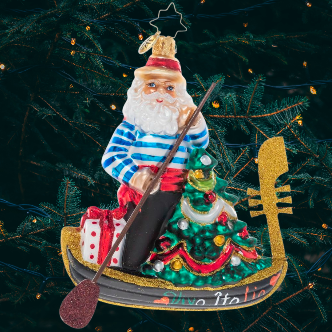Ornament Description - Jolly Gondolier: Buon Natale, Santa! Mr. Claus has ditched his sleigh for a Venetian gondola loaded with tons of Christmas cheer.