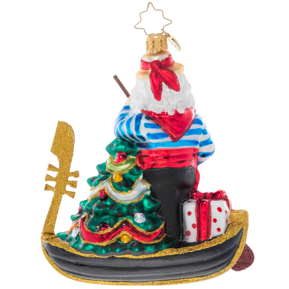 Back - Ornament Description - Jolly Gondolier: Buon Natale, Santa! Mr. Claus has ditched his sleigh for a Venetian gondola loaded with tons of Christmas cheer.