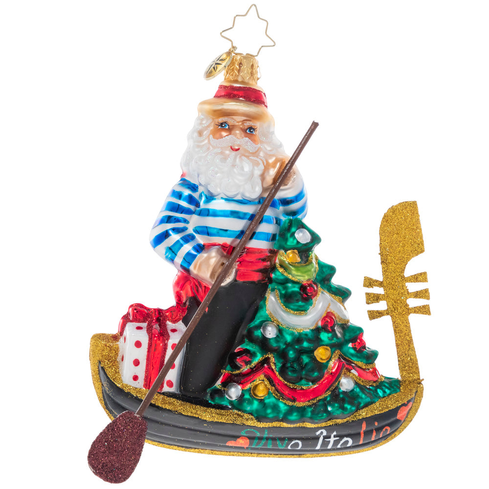 Front - Ornament Description - Jolly Gondolier: Buon Natale, Santa! Mr. Claus has ditched his sleigh for a Venetian gondola loaded with tons of Christmas cheer.