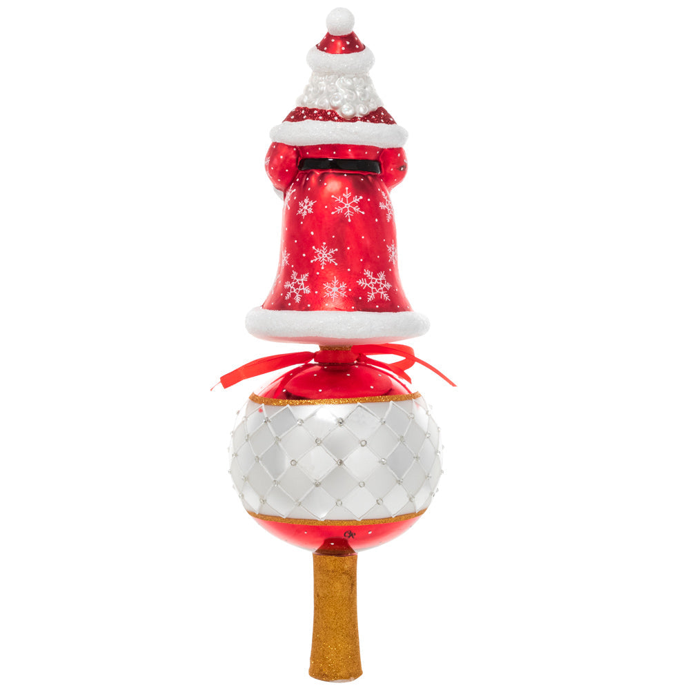 Finials - Description: Santa is bringing the holiday spirit with him all the way to the very top of your Christmas tree! Keeping things merry and bright with a tree of his own, this Santa finial will keep a close eye on your presents while you're away.