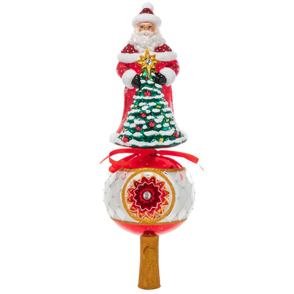 Finials - Description: Santa is bringing the holiday spirit with him all the way to the very top of your Christmas tree! Keeping things merry and bright with a tree of his own, this Santa finial will keep a close eye on your presents while you're away.